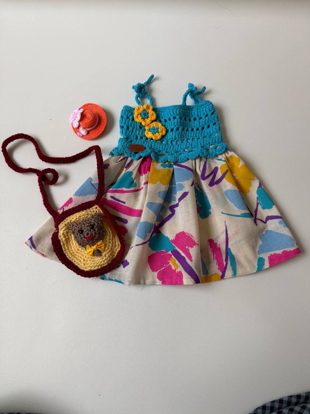 Handmade Teal Crochet Top & Multicolor Floral Skirt Doll Outfit with Accessories